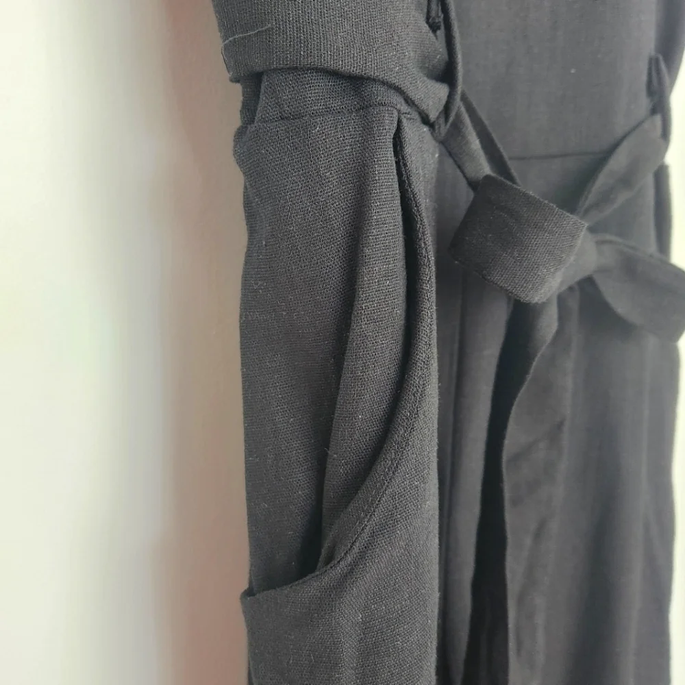 Monteau Black Linen Rayon Blend Tie-Waist V-Cutout Back Cropped Jumpsuit Size L - Picture 4 of 11